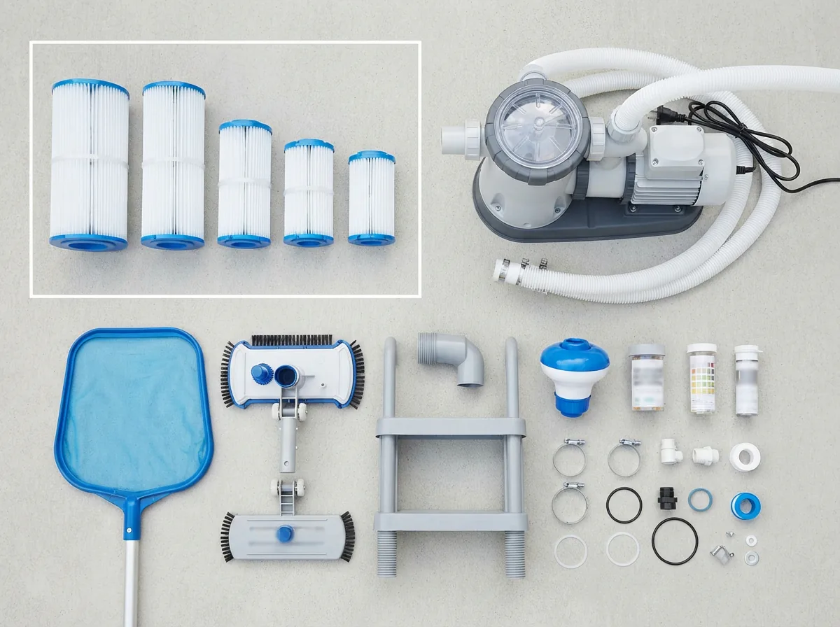 An organized display showing different categories of Summer Waves pool parts: filters, pumps, and accessories.