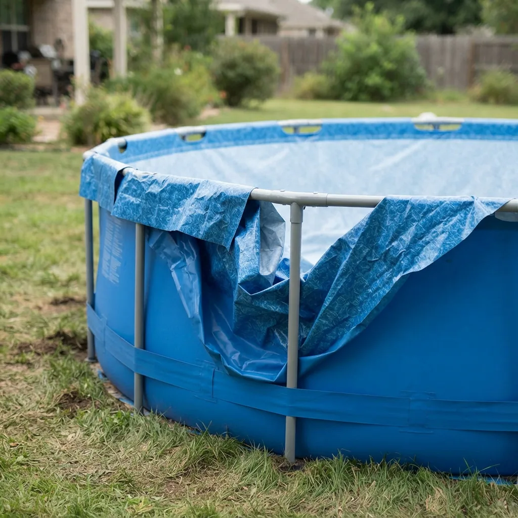 A 12-foot round pool liner draped over the edge of a small above-ground pool frame