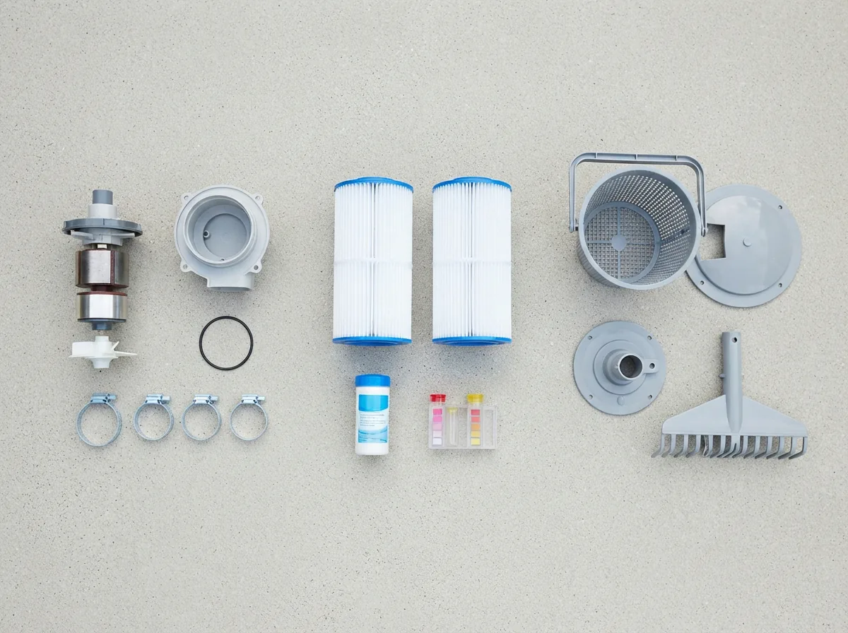 A categorized display of pool parts on a clean surface, showing pump components, filtration items, and skimmer accessories.