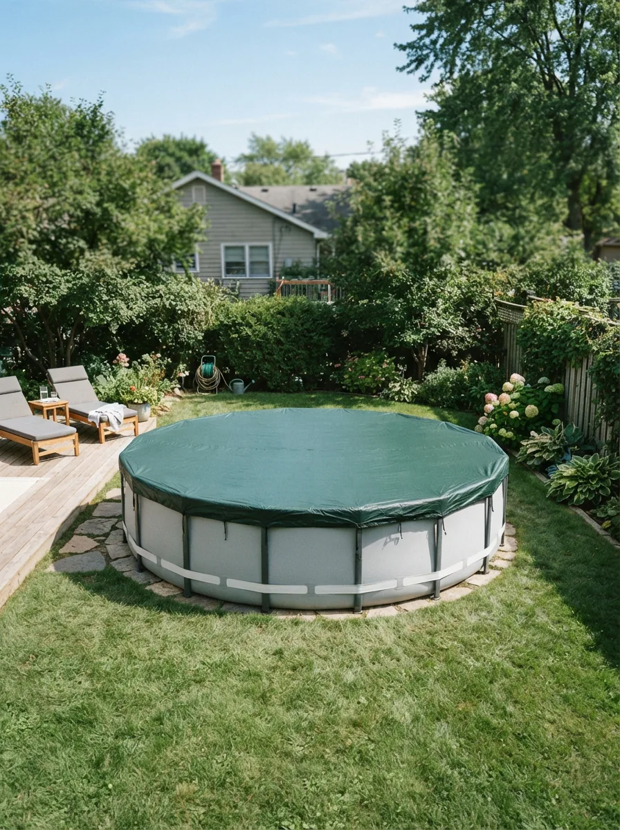 A clean, covered above-ground pool in a tidy backyard setting.