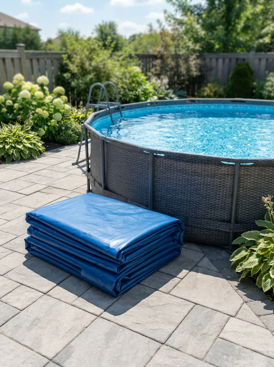 A neatly folded Summer Waves pool liner next to a crystal-clear above-ground pool in a sunny backyard setting.