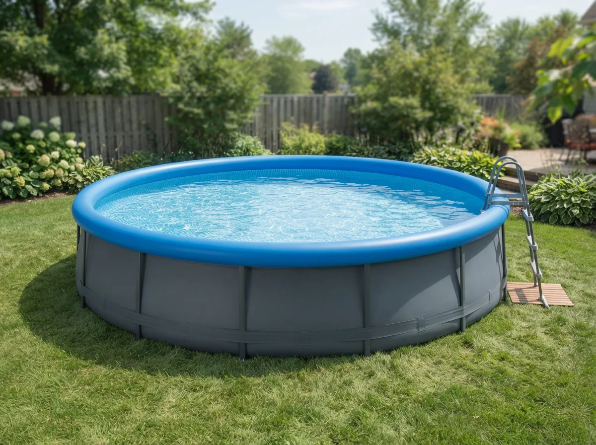 The Summer Waves 15-foot pool fully inflated and set up in a backyard, with clean, clear water ready for use.