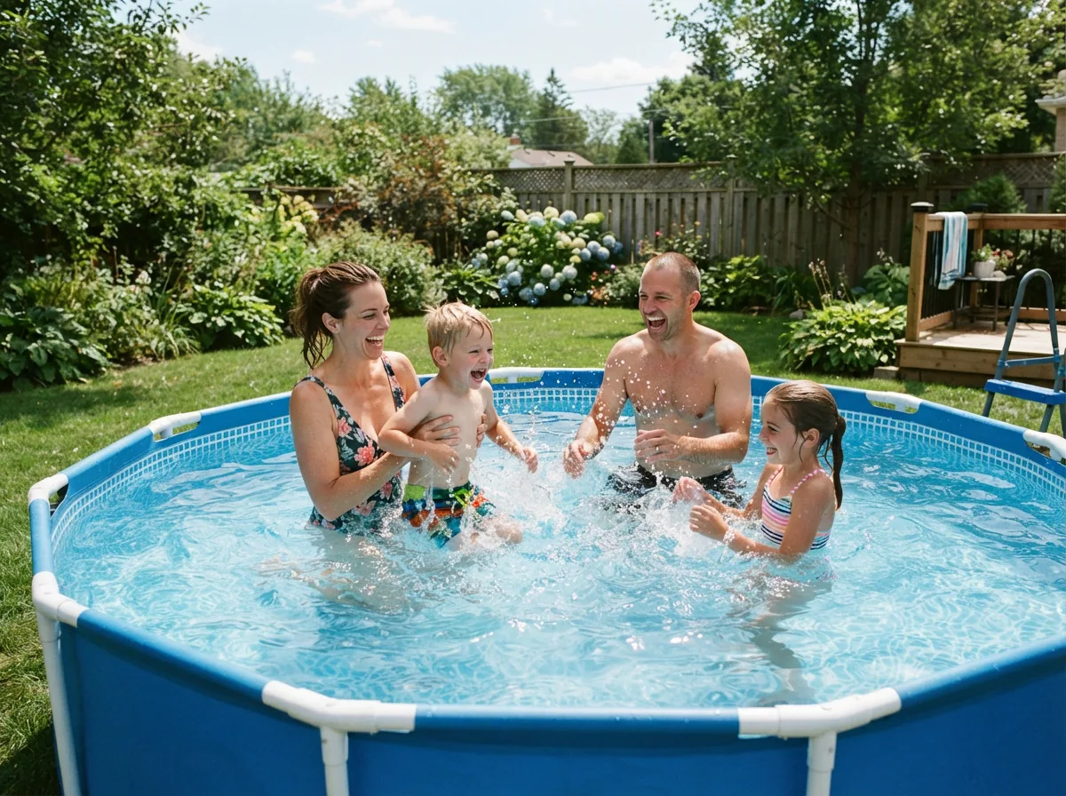 A family enjoying a sunny day swimming and playing in the Summer Waves Elite 15-ft round metal frame pool in a backyard.