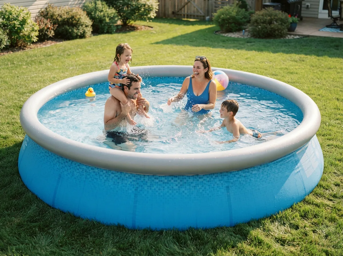 A family happily swimming and playing together in the blue Summer Waves 15-foot round pool in a sunny backyard.