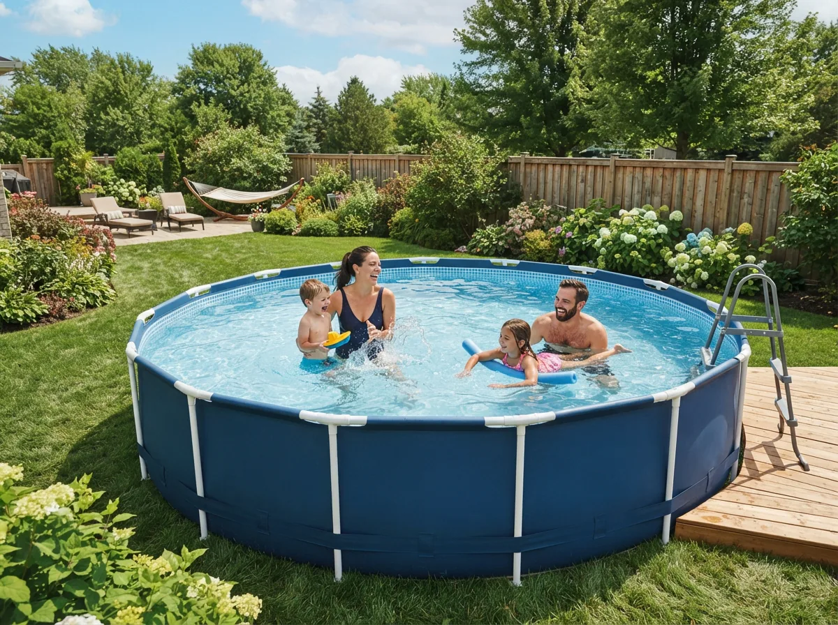 A family enjoying a sunny day in a 14-foot above ground pool in a backyard.