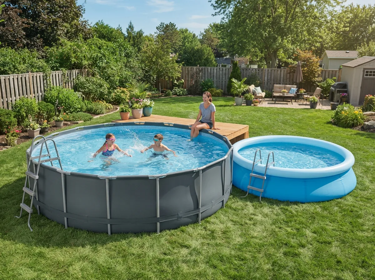 Assortment of above-ground pool styles and sizes in different backyards