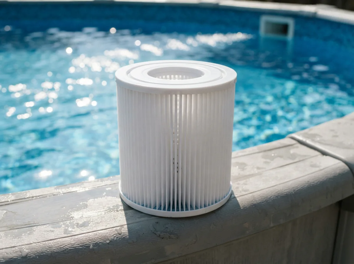 Close-up of a clean Type D pool filter cartridge next to a sparkling blue above-ground pool.