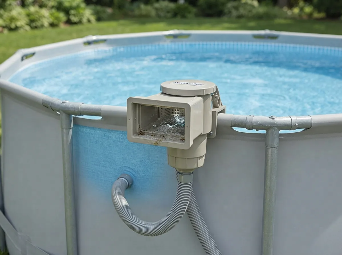 The SkimmerPlus filtration system attached to the side of the Summer Waves Elite pool, showing the skimmer basket and hose connection.