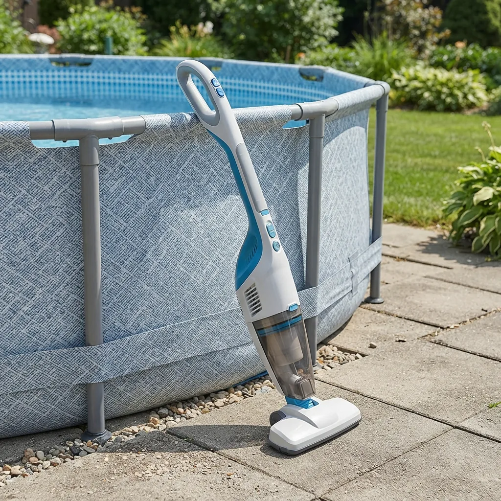 Summer Waves Handheld Pool Vacuum Cleaner leaning against the side of a pool.