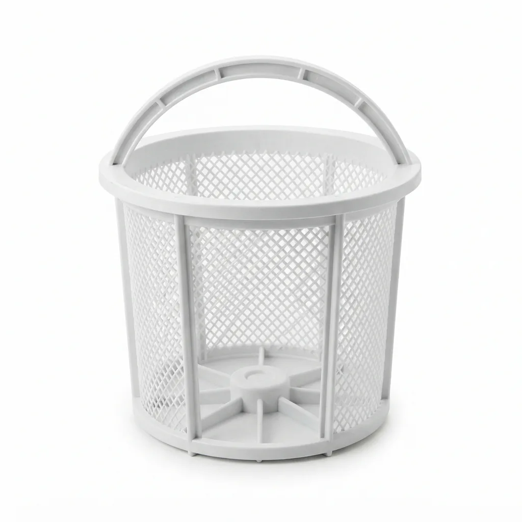 Close-up of the Summer Waves Skimmer Basket, a white plastic strainer basket