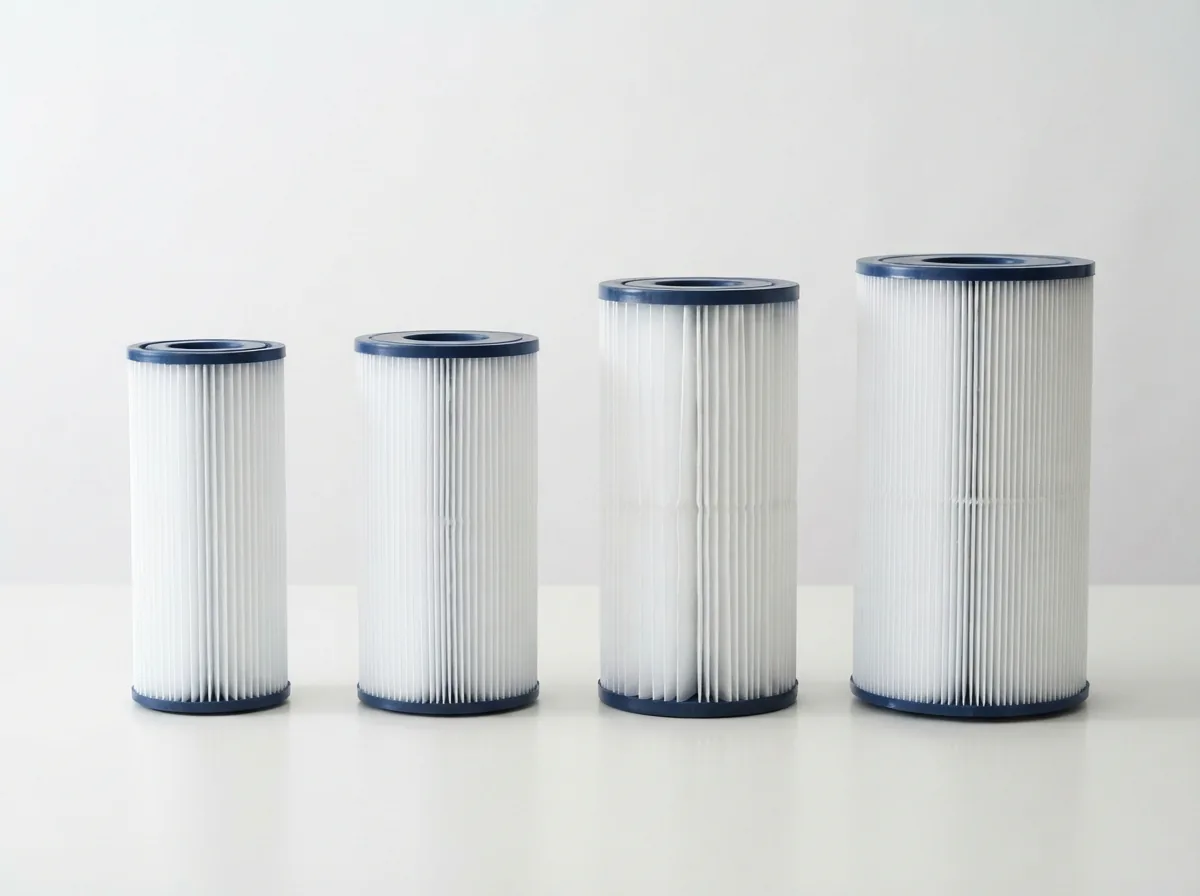 A lineup of different Summer Waves pool filter cartridges showing various sizes and pleat densities.