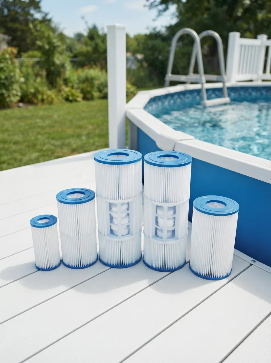 A stack of four clean, white pleated pool filter cartridges arranged neatly beside an above-ground swimming pool.