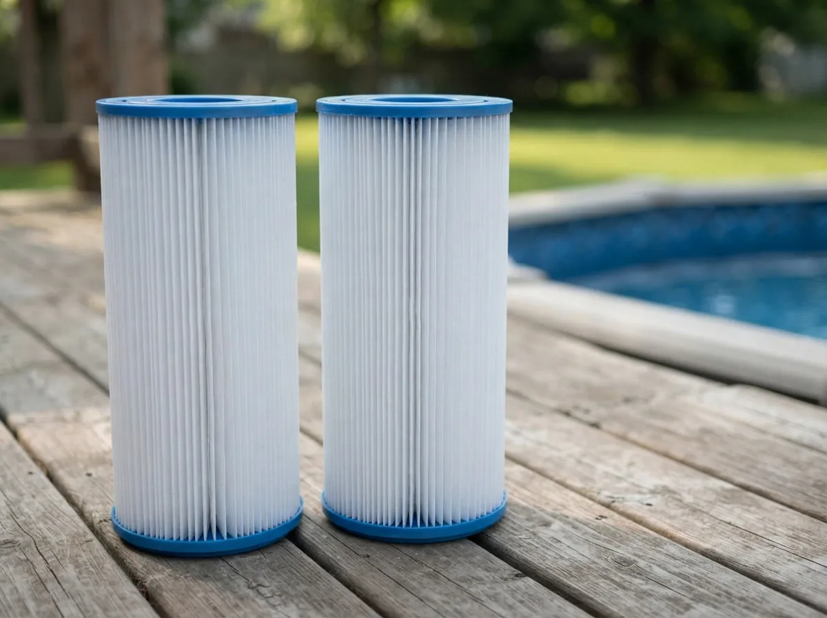 Two clean Type D filter cartridges standing upright on a pool deck, showcasing their size.