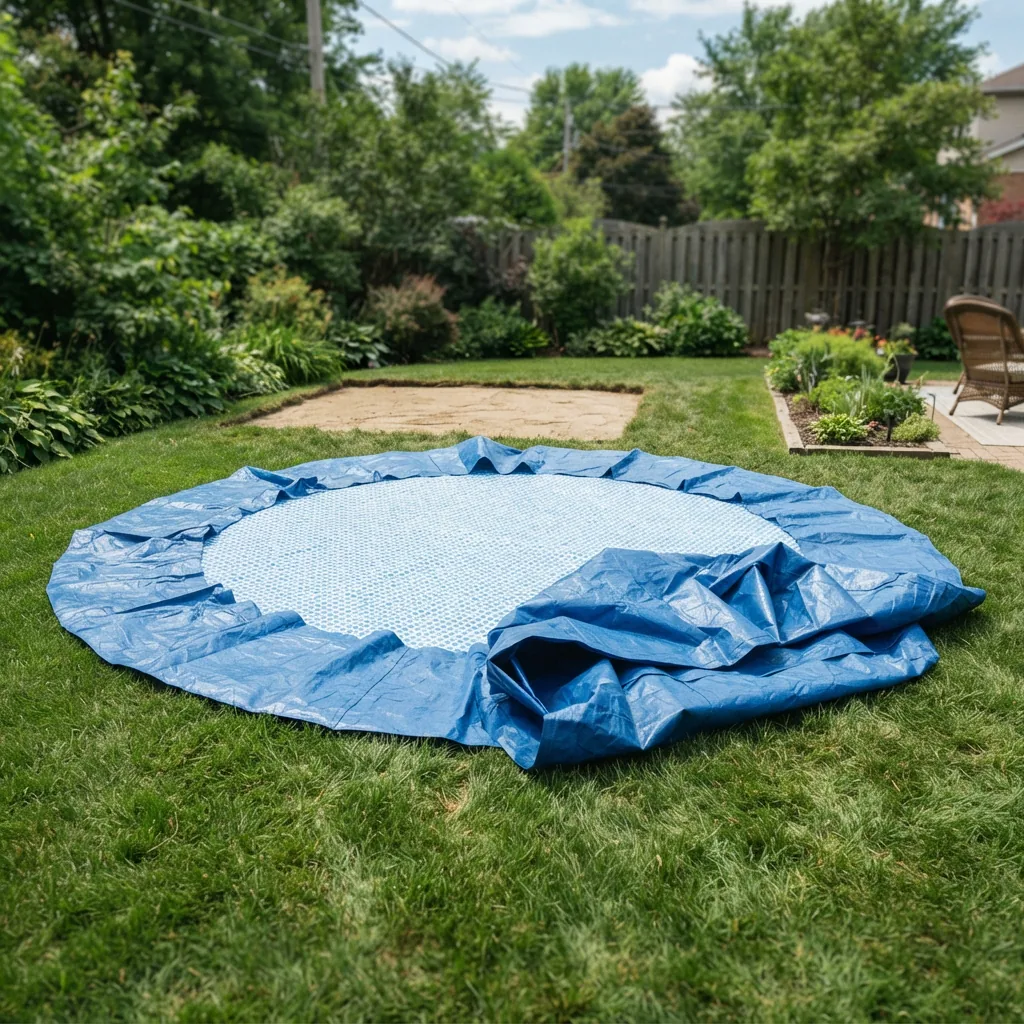 The 18-foot Summer Waves pool liner, partially unfolded to show its size and quality.