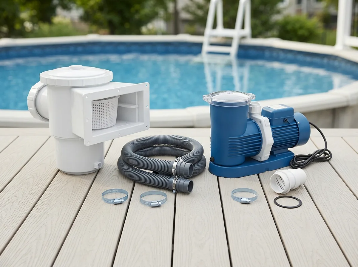 Summer Waves SkimmerPlus pump system with its components laid out, ready for a clear question-and-answer explanation.