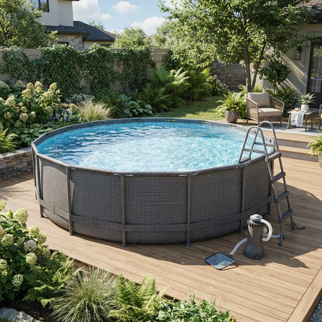 18 ft Prism Frame pool with a woven design and included ladder