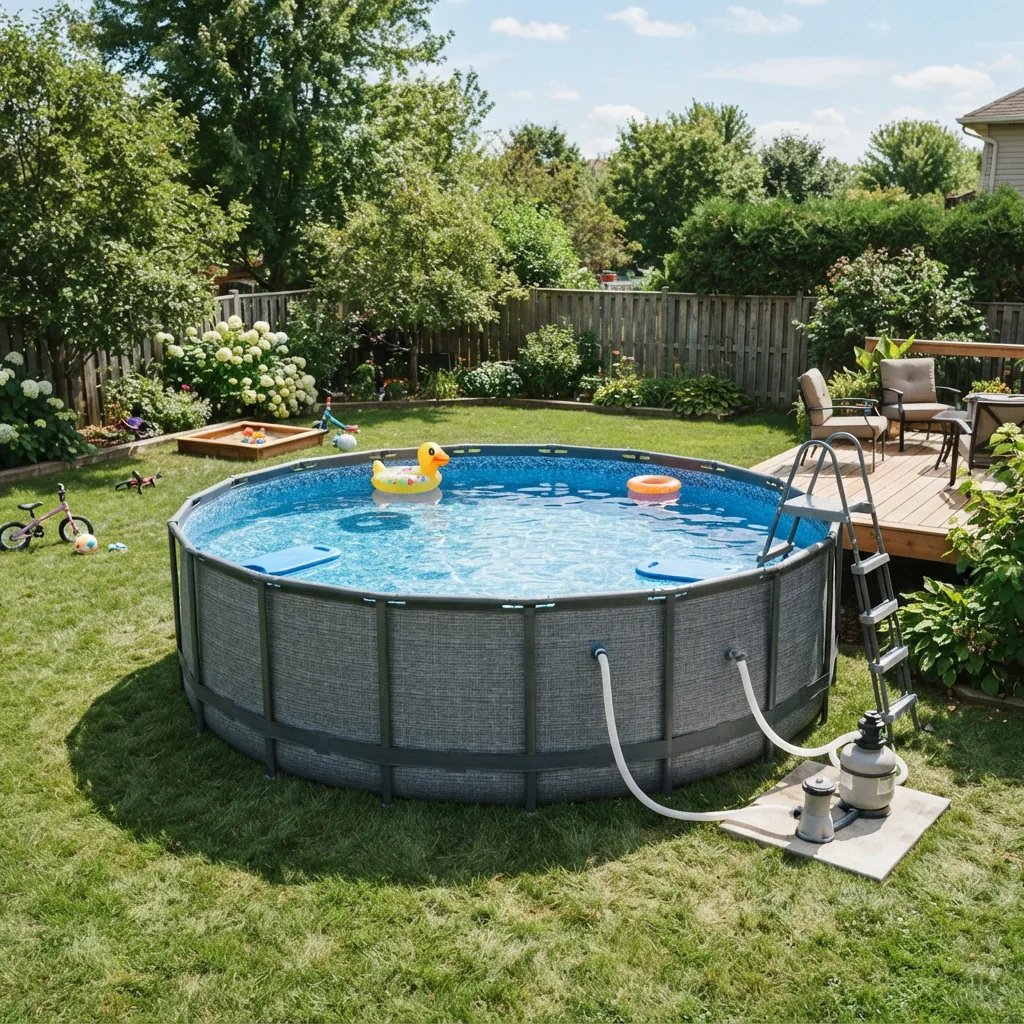 The Summer Waves 14Ft Round Above Ground Pool Kit laid out in a backyard.