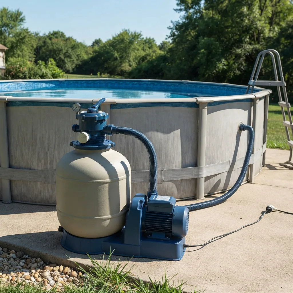 A 16-inch sand filter pump connected to a large above-ground pool