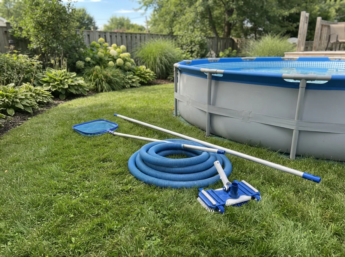 A maintenance kit laid out next to the Summer Waves Elite pool, showing the vacuum head, hose, and leaf skimmer.