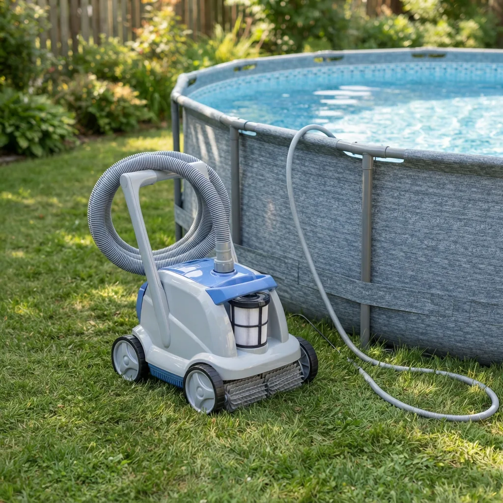 Summer Waves Pool Vacuum ready for use beside an above-ground pool.