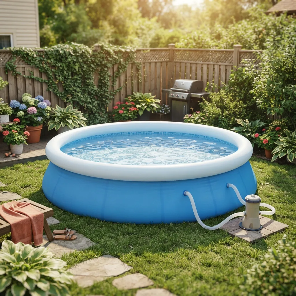 Small 12 ft Quick Set frameless pool set in a compact backyard