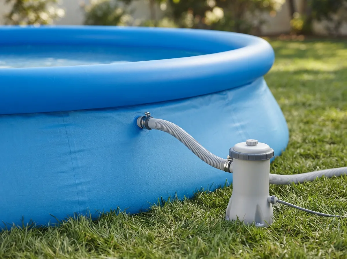 Close-up detail of the pool's inflatable top ring and the attached filter pump system sitting beside it.