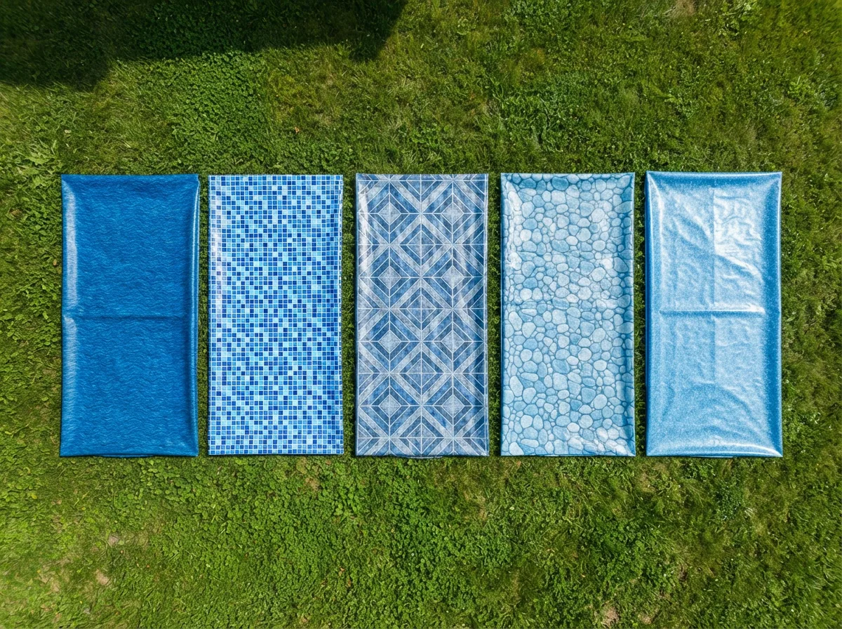 An overhead view of several different styles of blue pool liners laid out on a lawn, showing various patterns and shades.