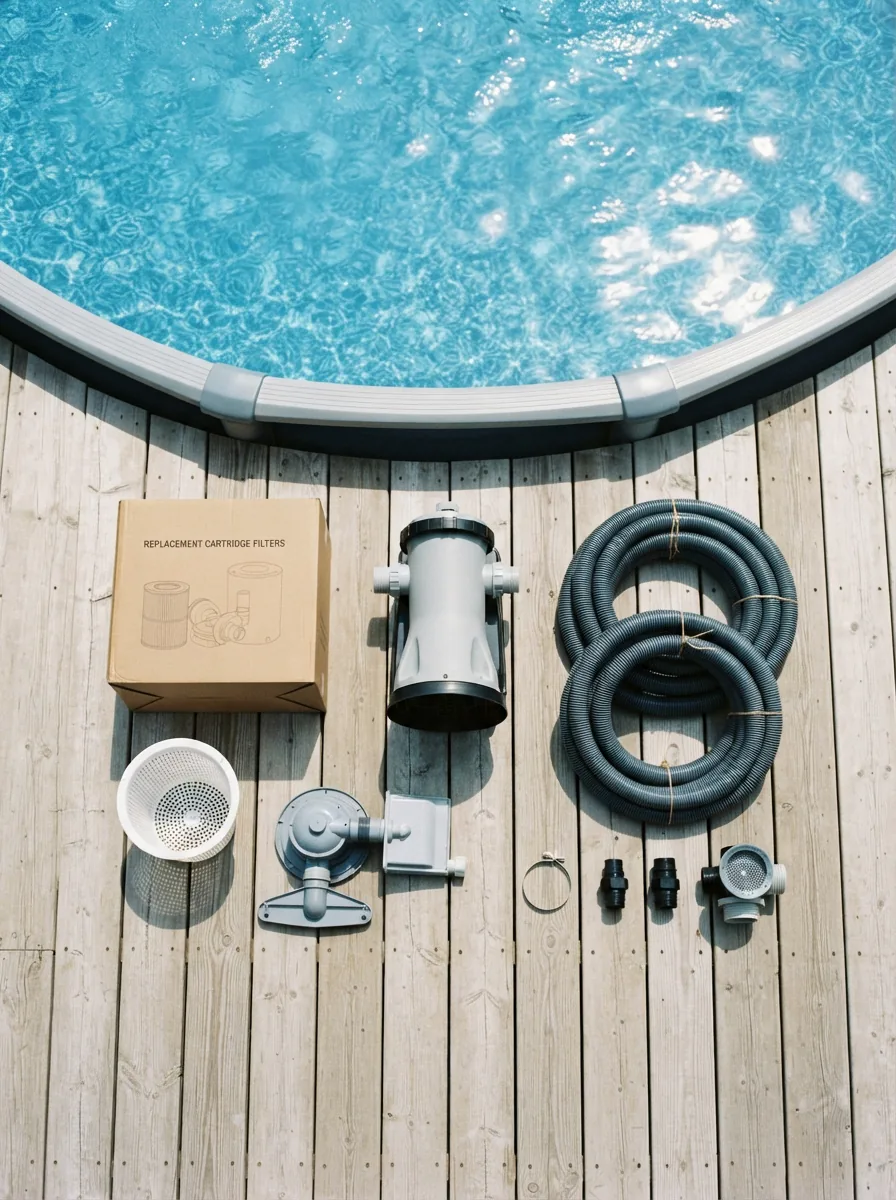 A collection of Summer Waves pool maintenance parts including a pump, filters, and hoses arranged neatly on a deck beside an above-ground pool.