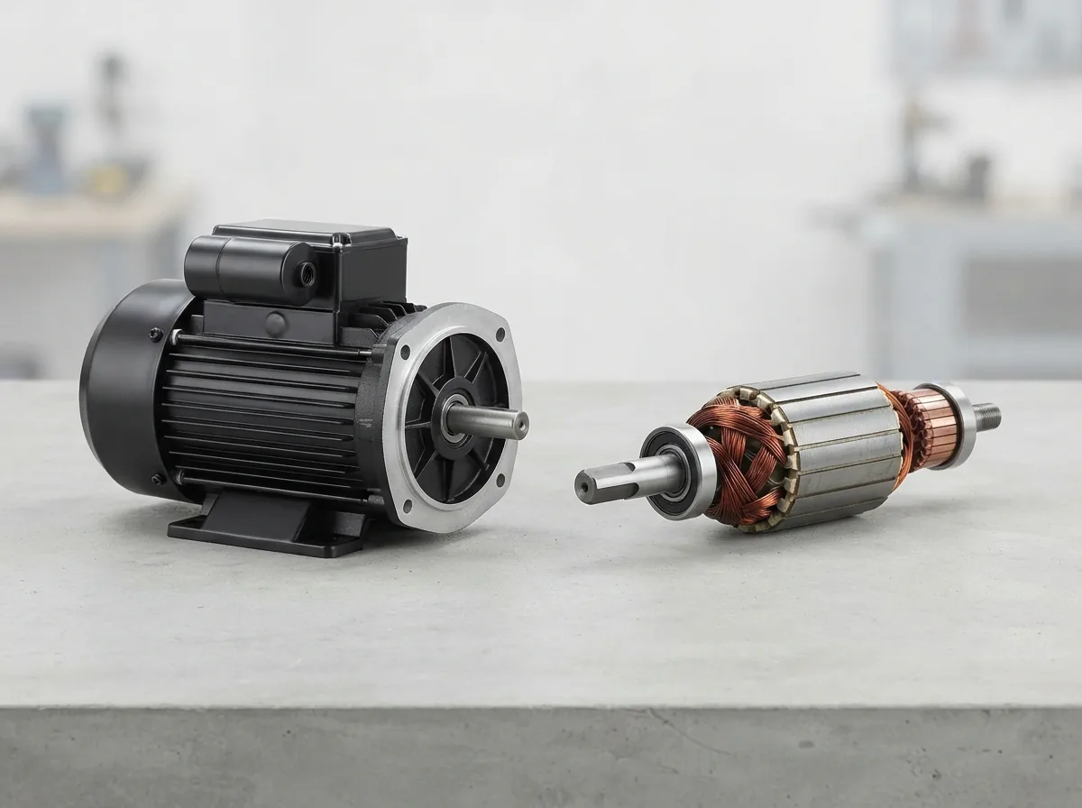 An infographic-style layout comparing a pool pump motor and a rotor assembly.