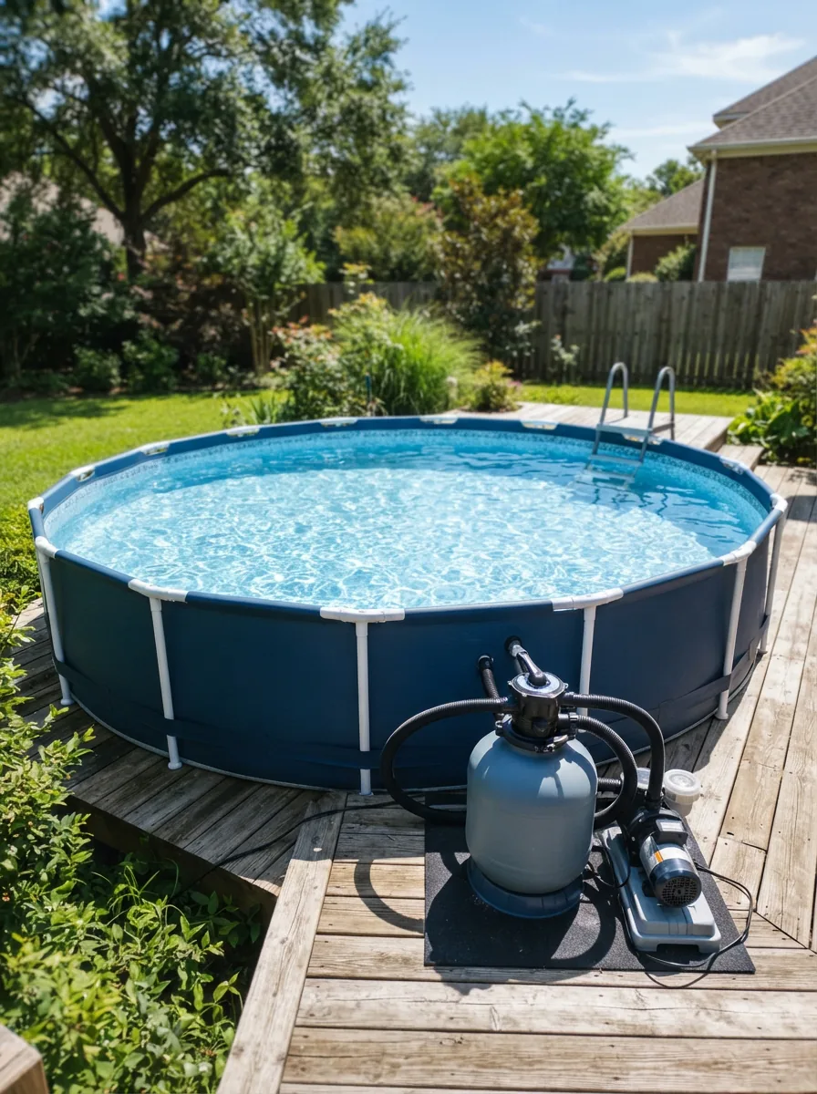 A clear, inviting above-ground pool on a sunny day with a sand filter pump system beside it
