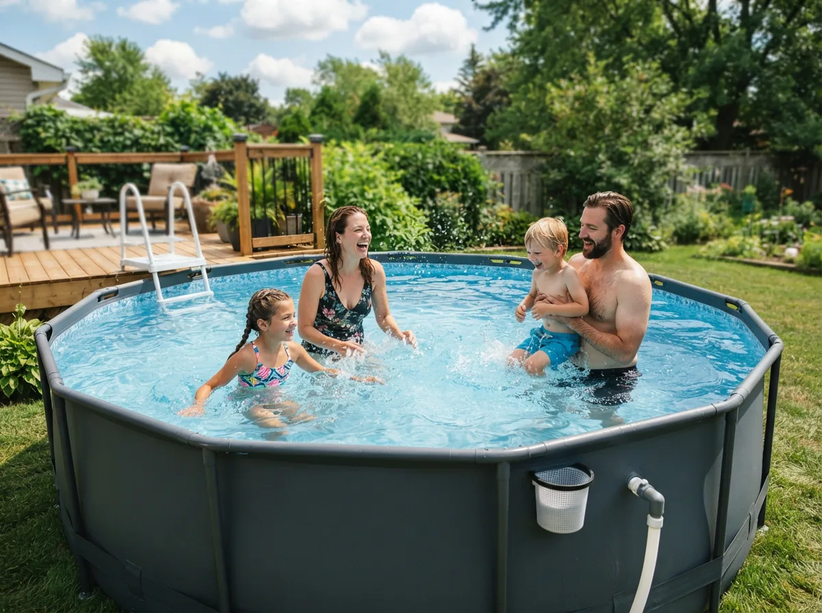 A family enjoying clear water in their above-ground pool on a sunny day.