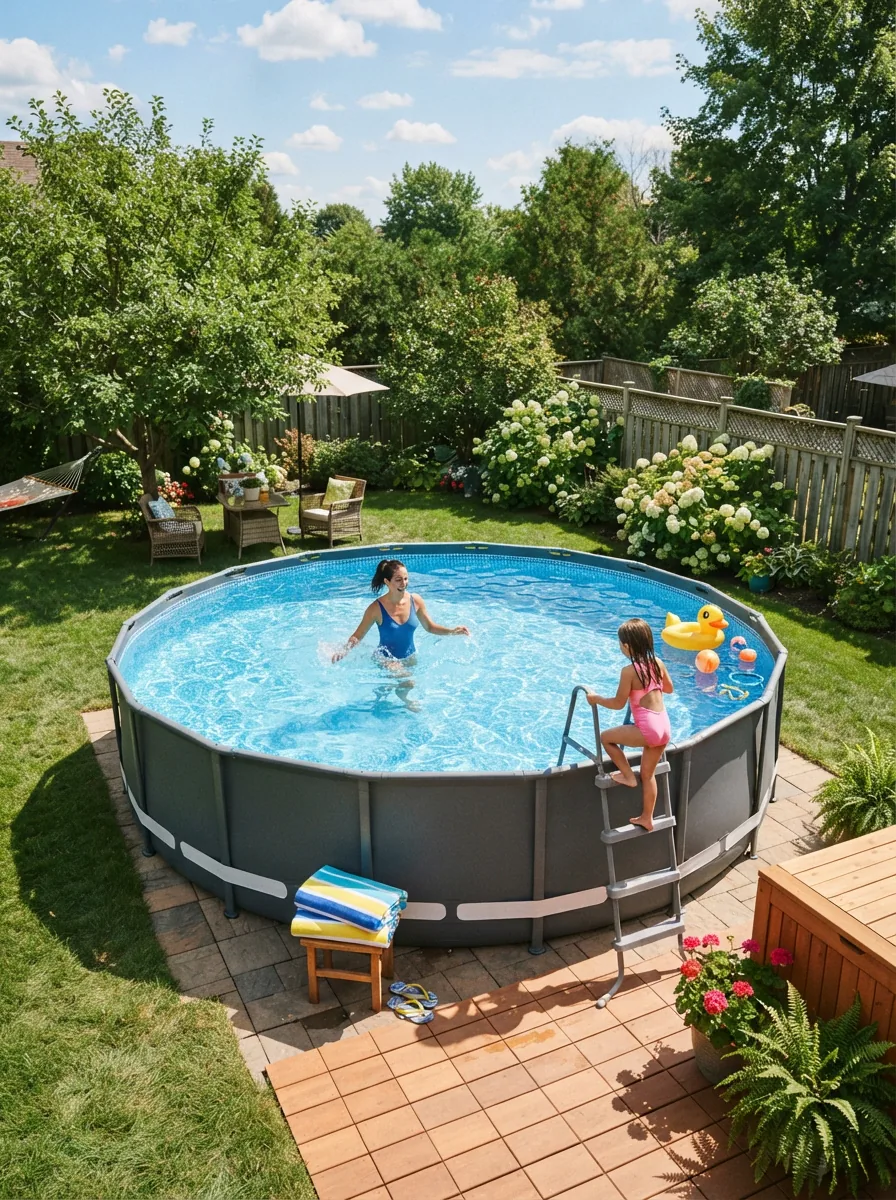 A clean, inviting 14-foot above ground pool set up in a lush backyard on a beautiful summer day.
