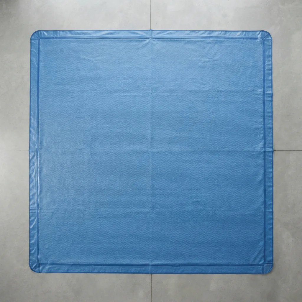 A rectangular Summer Waves pool liner laid out flat, showing its shape and blue color.