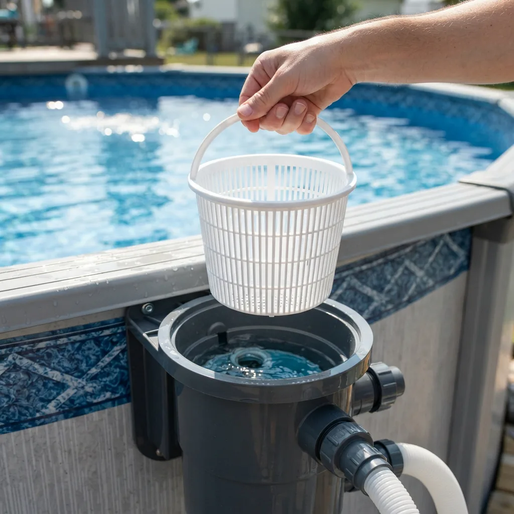 A clean Summer Waves skimmer basket held above a pool skimmer canister, ready for installation.