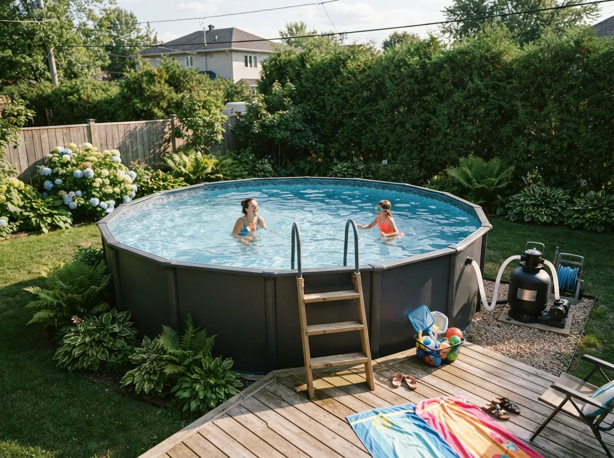 A family standing by their above-ground pool, looking at the clean water