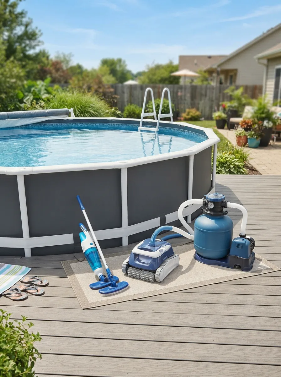 A variety of Summer Waves pool vacuums displayed beside a clean above-ground pool.