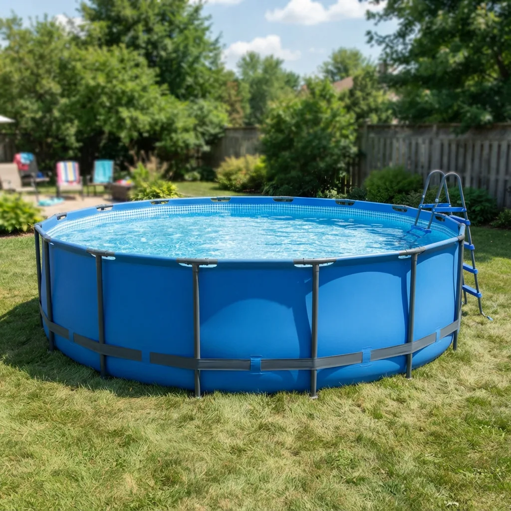 15 ft round metal frame pool with a simple design in a yard