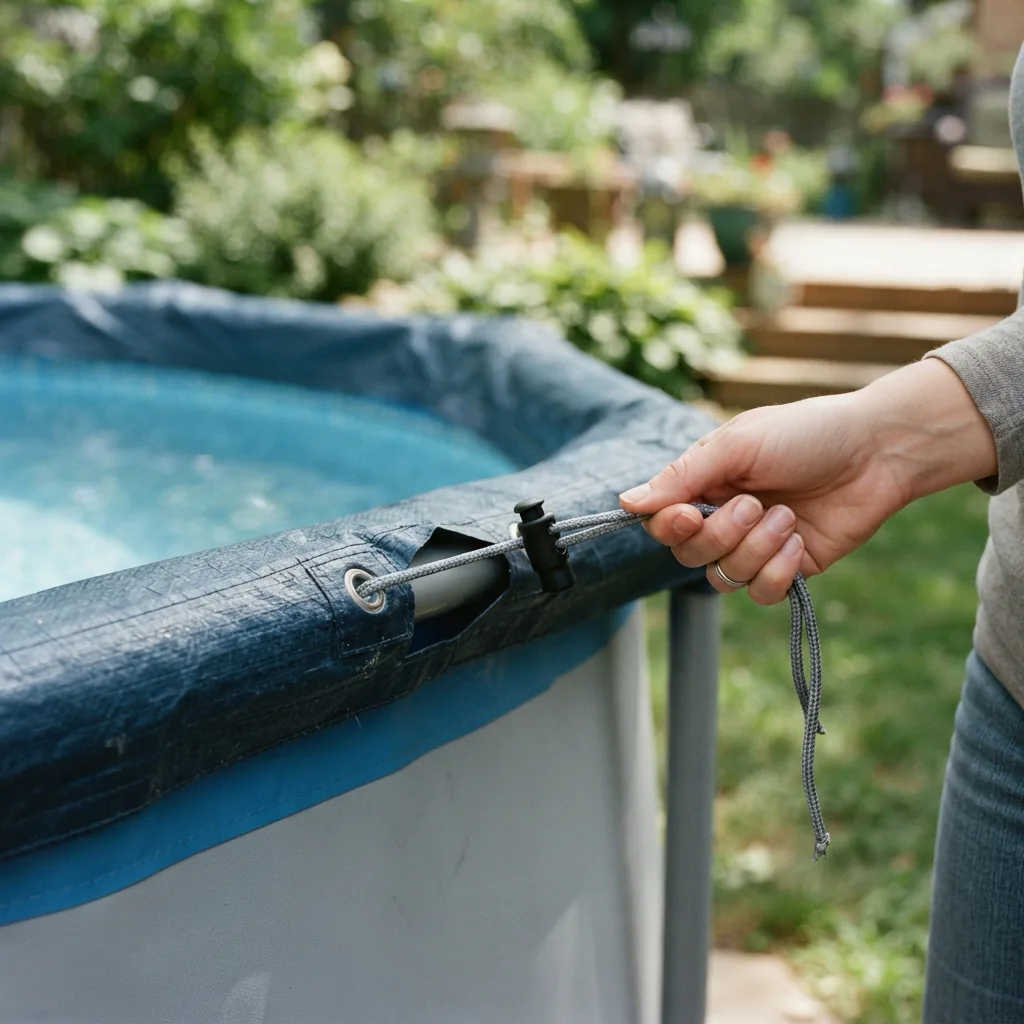The Summer Waves 10 ft. Pool Cover with its string-lock feature.