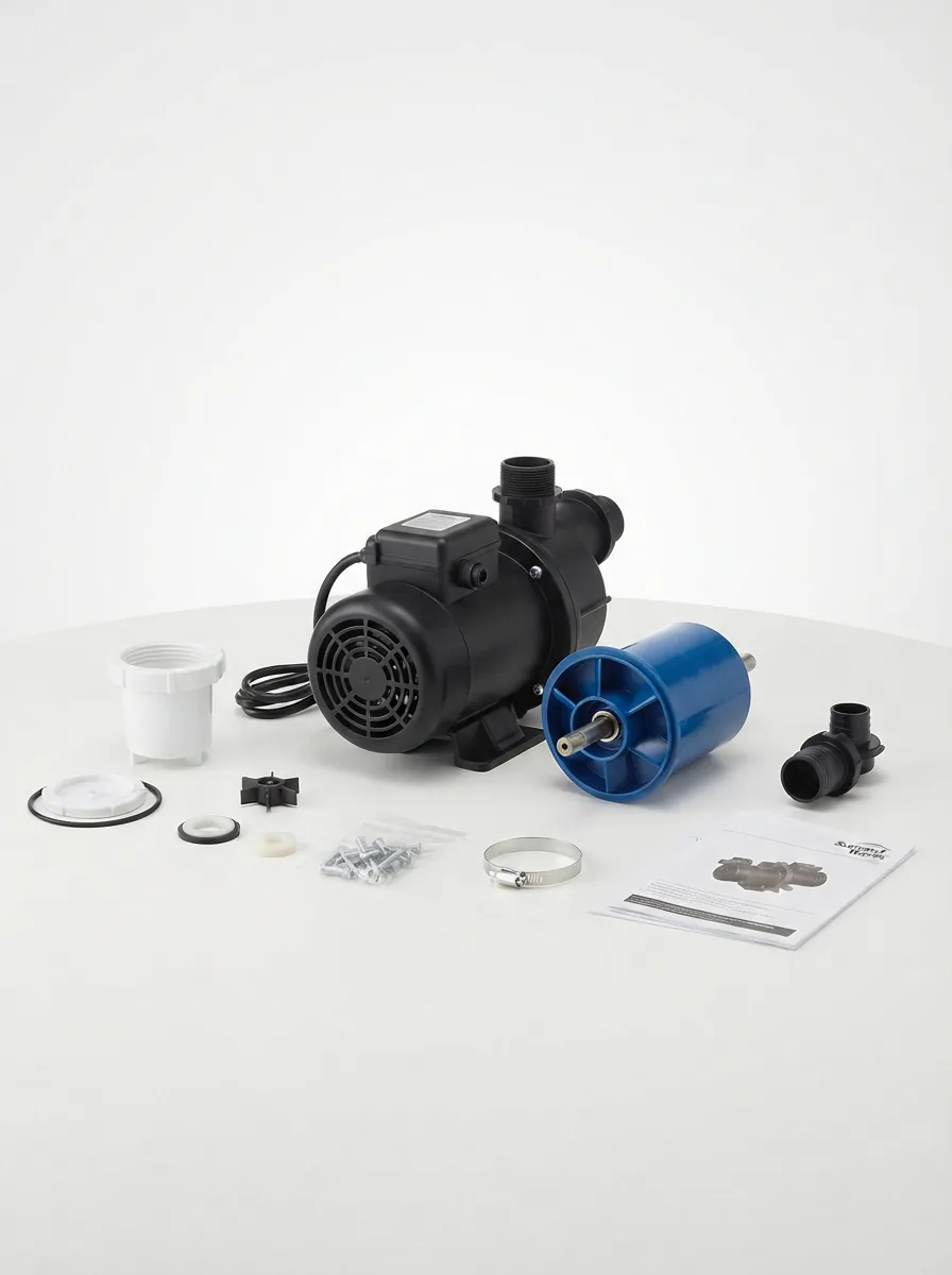 A selection of Summer Waves pool pump replacement parts, including motors and rotor assemblies, arranged neatly.