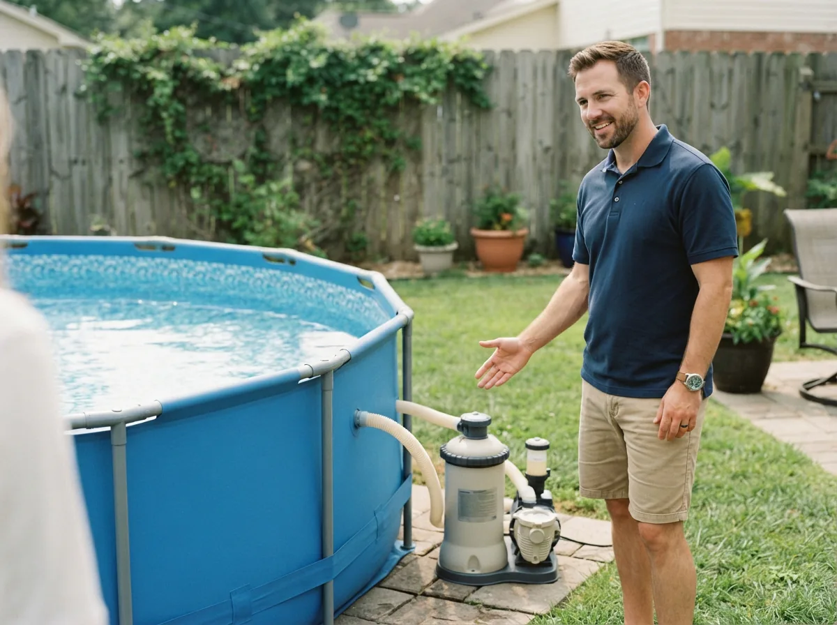 A helpful Summer Waves representative answering customer questions near a fully set up pool.