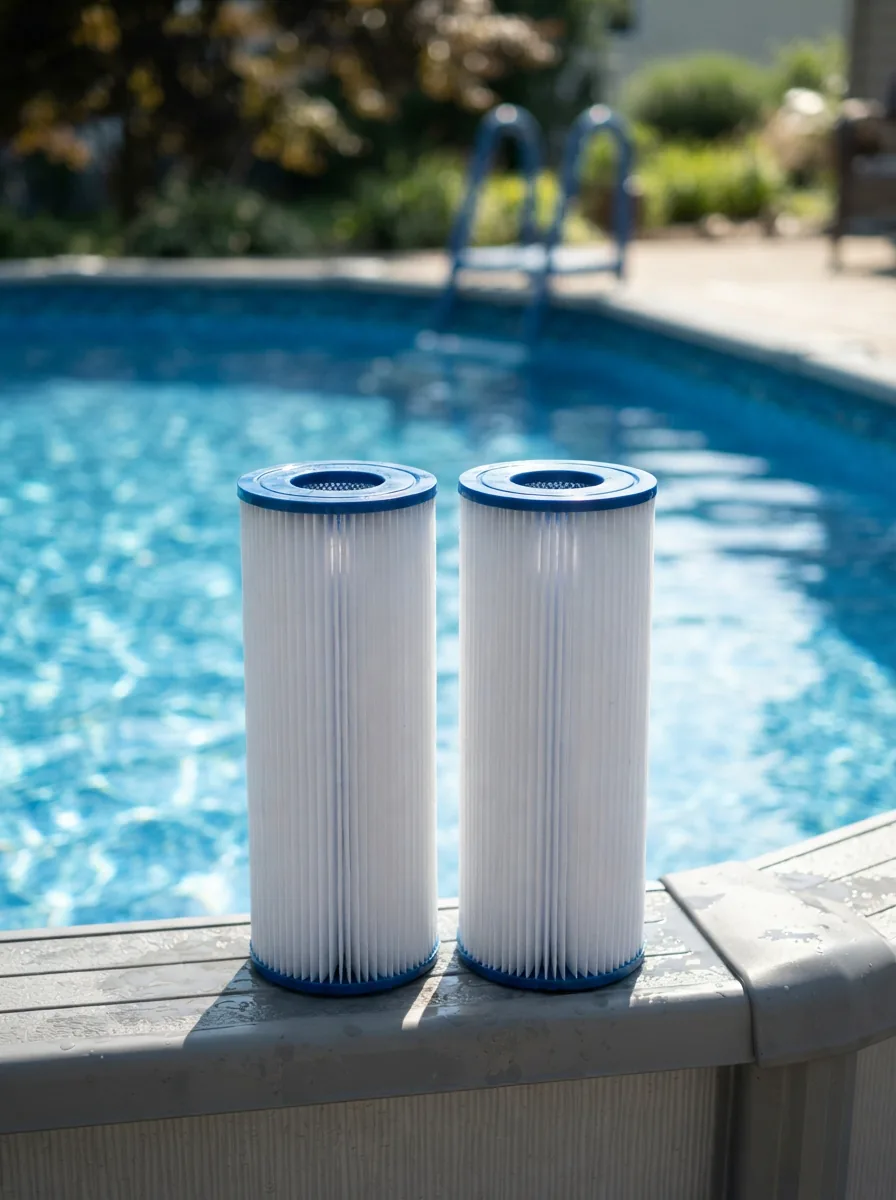 A pair of Summer Waves Type D pool filter cartridges displayed prominently in front of a clean above-ground pool.