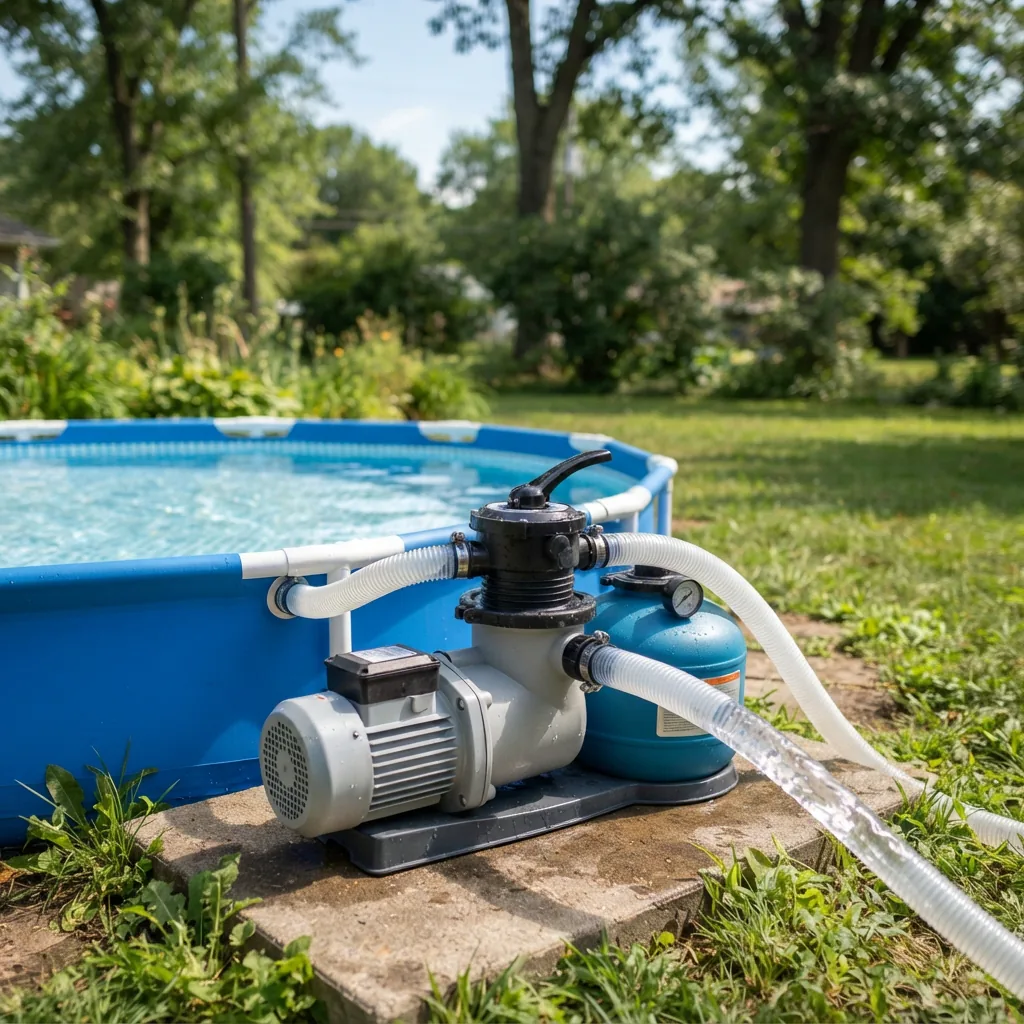 A 10-inch sand filter pump next to a small above-ground pool