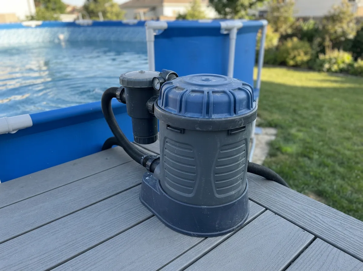 Durable plastic housing of the Summer Waves SkimmerPlus pump, shown outdoors next to a pool for longevity.