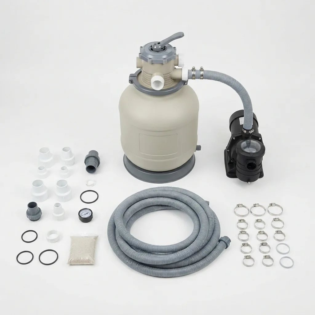 A Summer Waves sand filter conversion kit laid out on a white surface, showing all included components.
