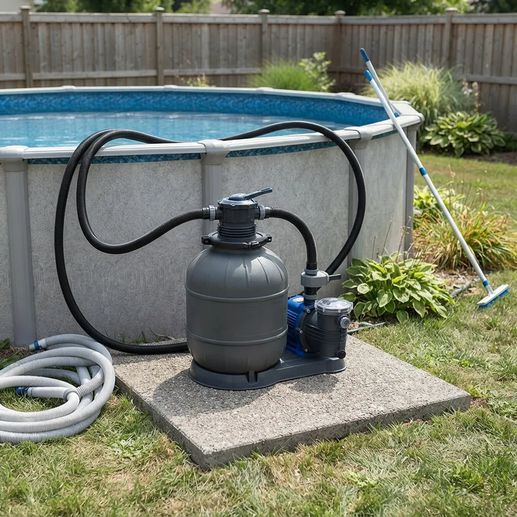 Summer Waves Sand Filter Pump with Vacuum Hose Kit set up beside a pool.