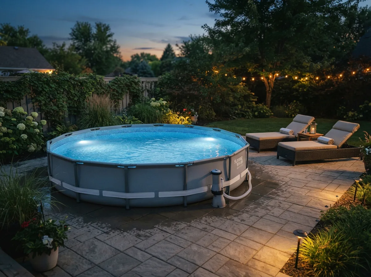 The Summer Waves pool set up in a backyard during the evening, illuminated for nighttime swimming.