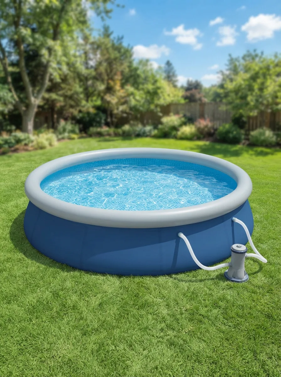 The Summer Waves 15-foot Quick Set Pool fully assembled and filled with water in a sunny backyard.