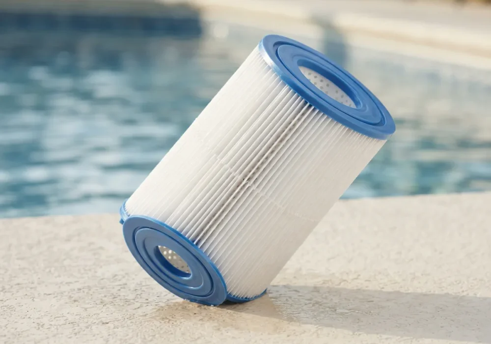 A close-up of a Summer Waves Type I replacement pool filter, highlighting its dense pleats.