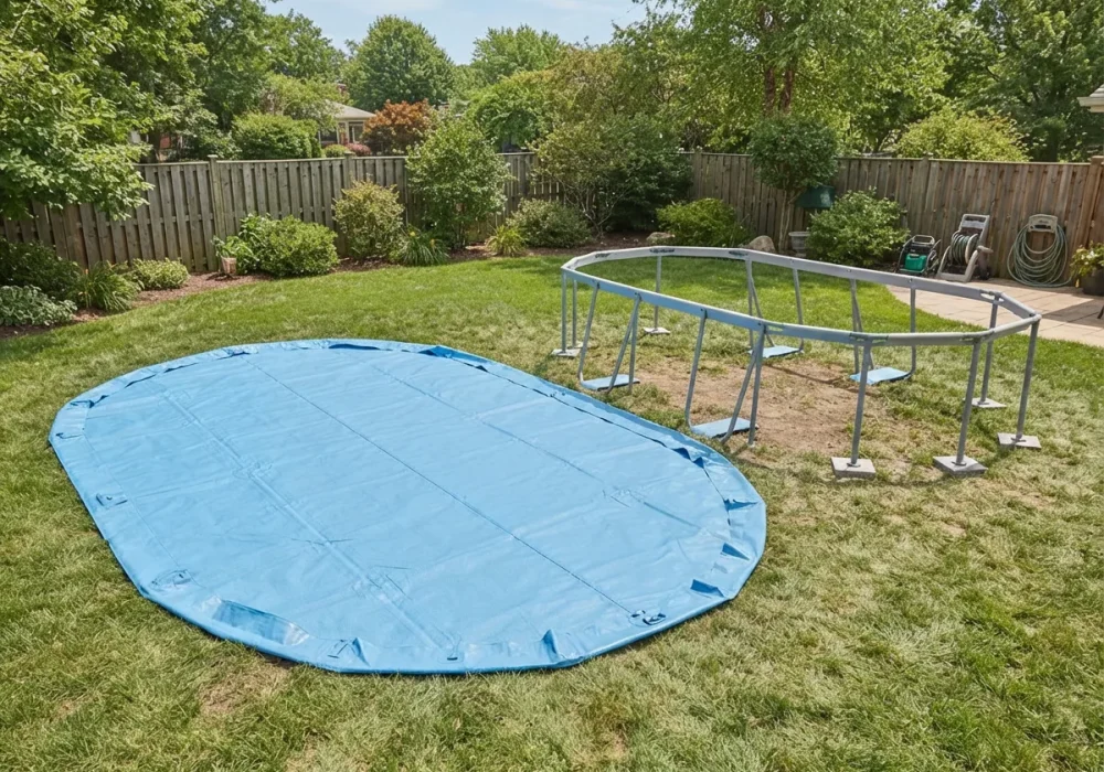 A 20-foot oval above-ground pool liner spread out on the ground next to an empty pool frame