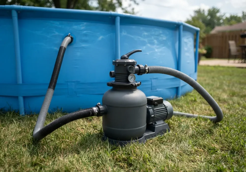 A 10-inch sand filter pump connected to an above-ground pool